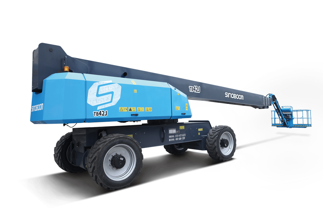 Sinoboom TB42RJ diesel telescopic boom lift delivers an exceptional 43.6m working height, 480kg capacity, and powerful 4WD rough-terrain agility.