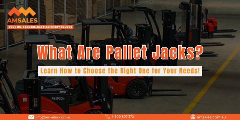 Warehouse floor showcasing multiple pallet jacks in various sizes and designs, with text overlay reading 'What Are Pallet Jacks? Learn How to Choose the Right One for Your Needs!' and the AMSales logo and contact details at the bottom.