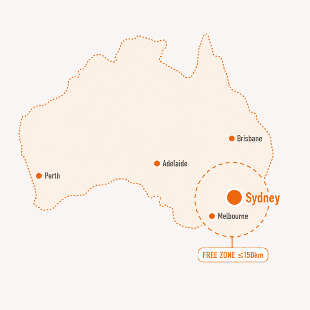 Australia Map - showing 150km range free delivery zone